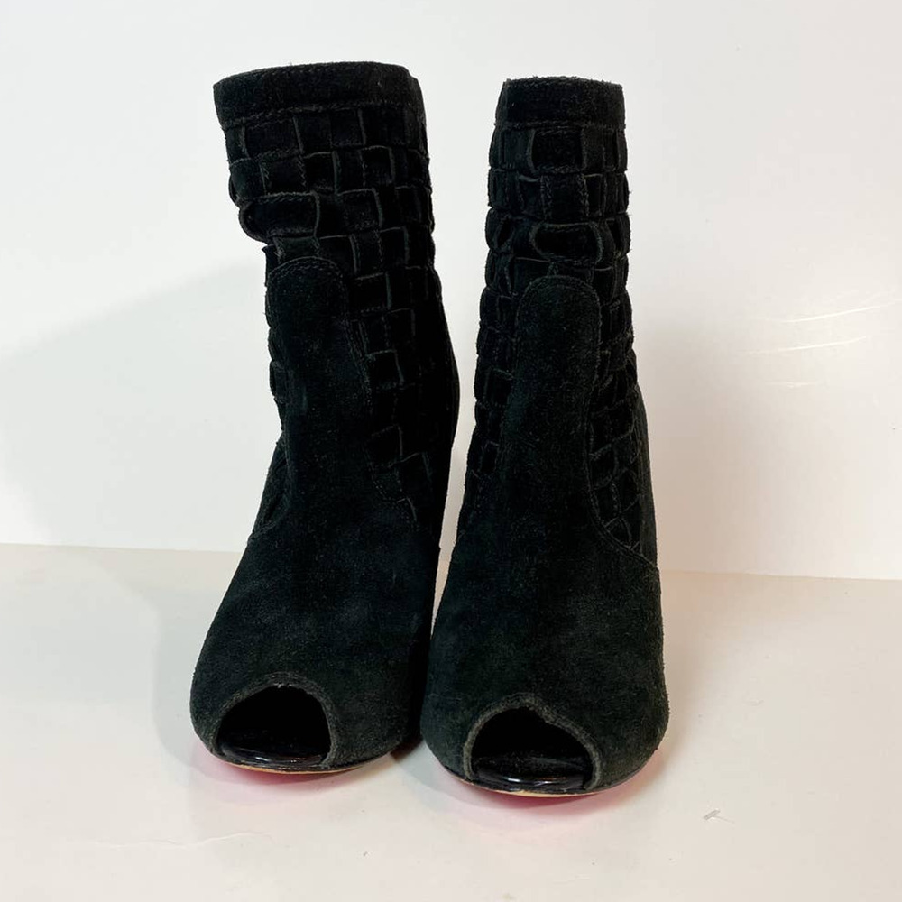 Betsey Johnson Black Suede Peep Toe Skinny Wedge Booties - Picture 3 of 9